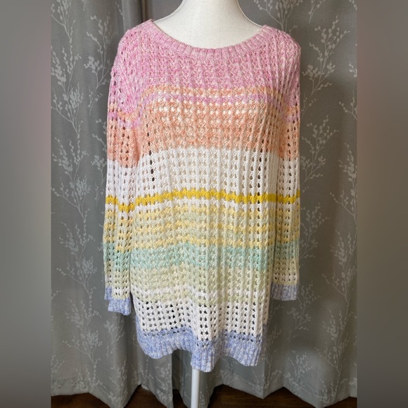Talbots Sweaters - Talbots Petite XL Pastel Rainbow Open Knit Crochet Sweater Tunic